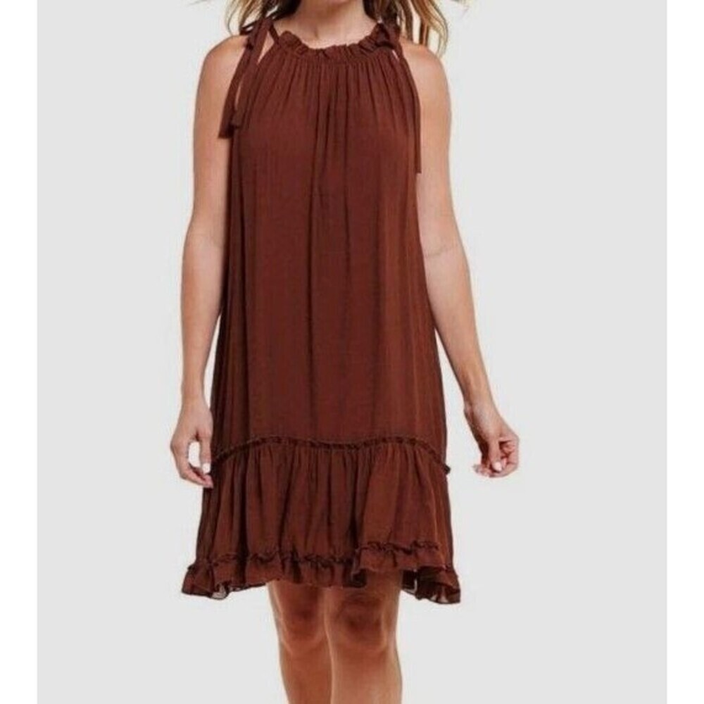 Signature by Robbie Bee Ruffled Halter Tie-Strap Dress Brown Size Small‎ NEW